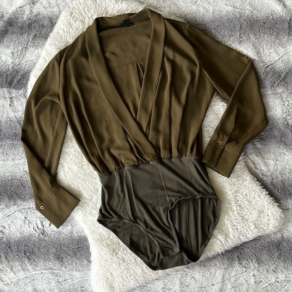Topshop Hunter Green Deep Open V-Neck Bodysuit